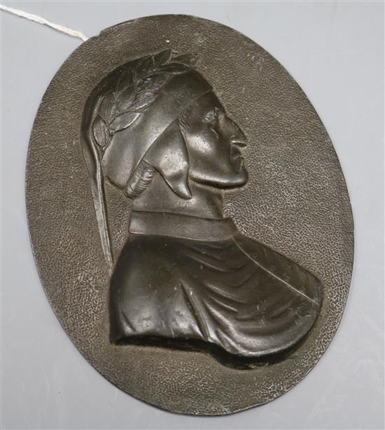 An oval bronze plaque of Dante, signed to reverse PR length 12.5cm